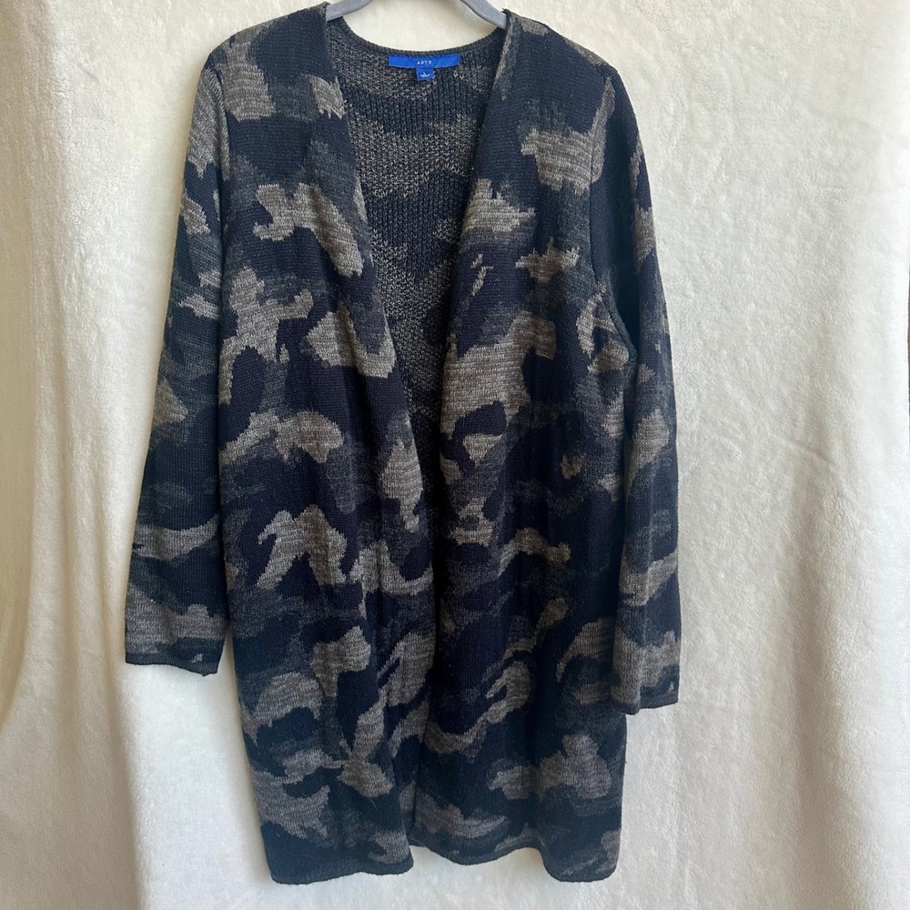 Apt. 9 Camo Open Front Longline Cardigan Sweater Camouflage Black Olive Large L